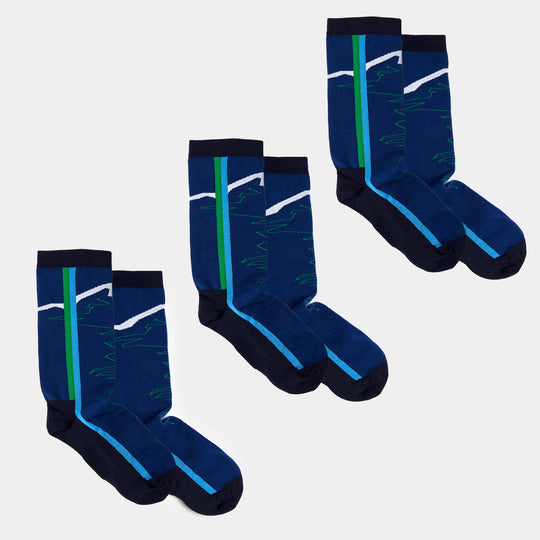 Three pairs of navy blue socks with light blue and green vertical stripes and white accents, arranged side by side on a plain white background.