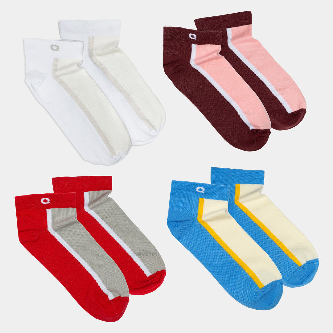 Four pairs of crew socks are arranged in pairs: white, burgundy and pink, red and gray, and light yellow with blue and yellow stripes, all with small white logos near the cuffs.