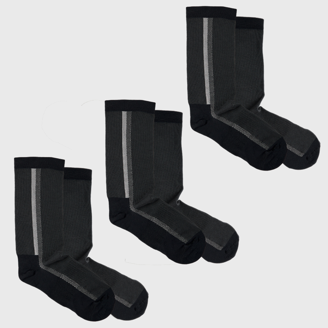Four pairs of dark gray socks with black toes, heels, and cuffs, each featuring a vertical light gray stripe along the sides, displayed on a plain light background.