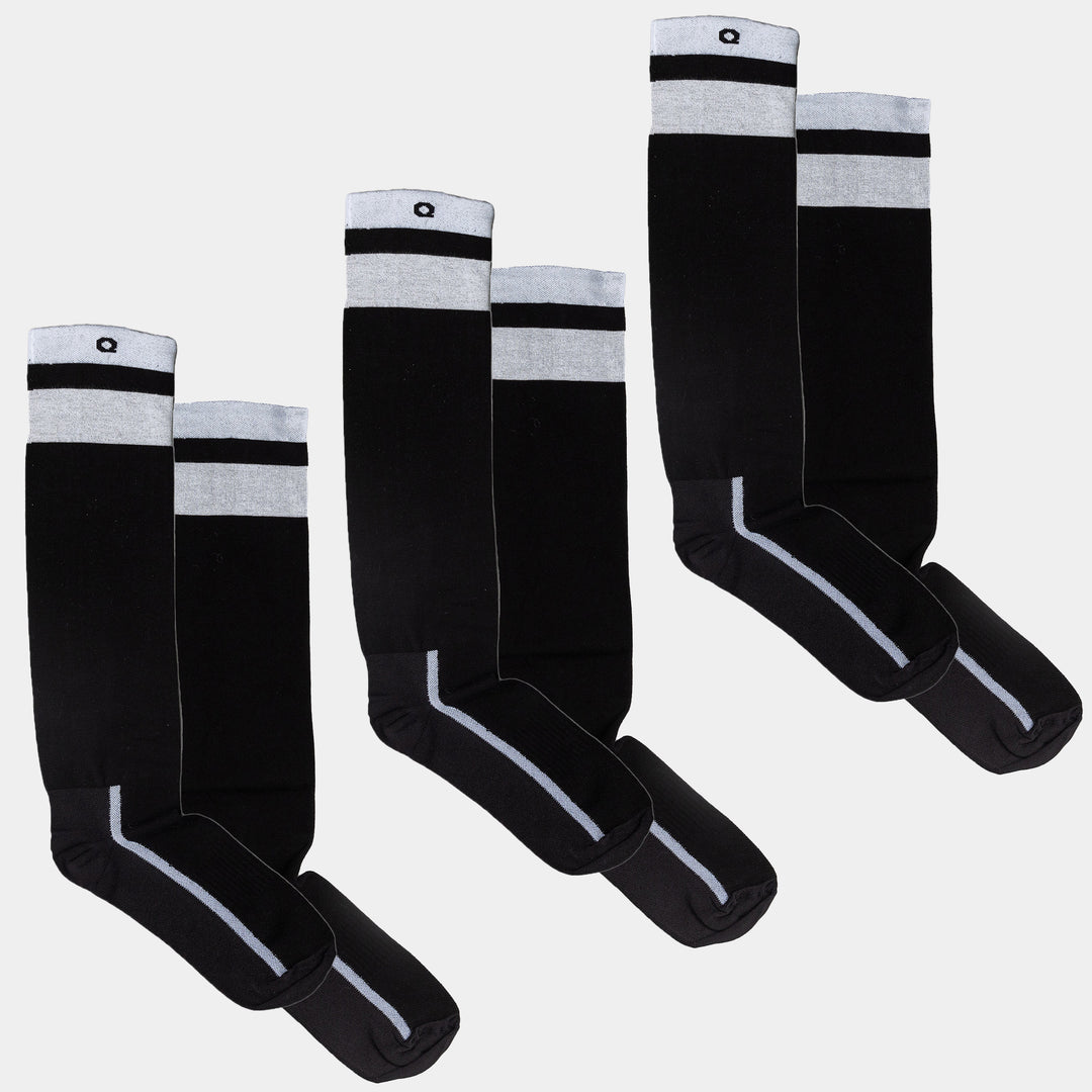 Four pairs of black knee-high socks with gray tops featuring a black stripe and a small logo, displayed side by side on a white background.