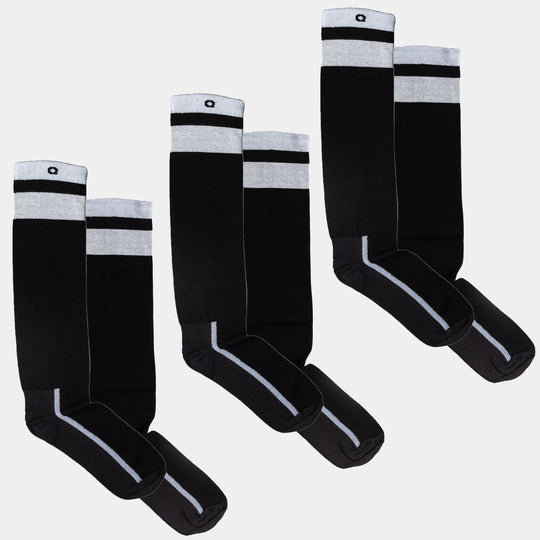 Four pairs of black knee-high socks with gray tops featuring a black stripe and a small logo, displayed side by side on a white background.